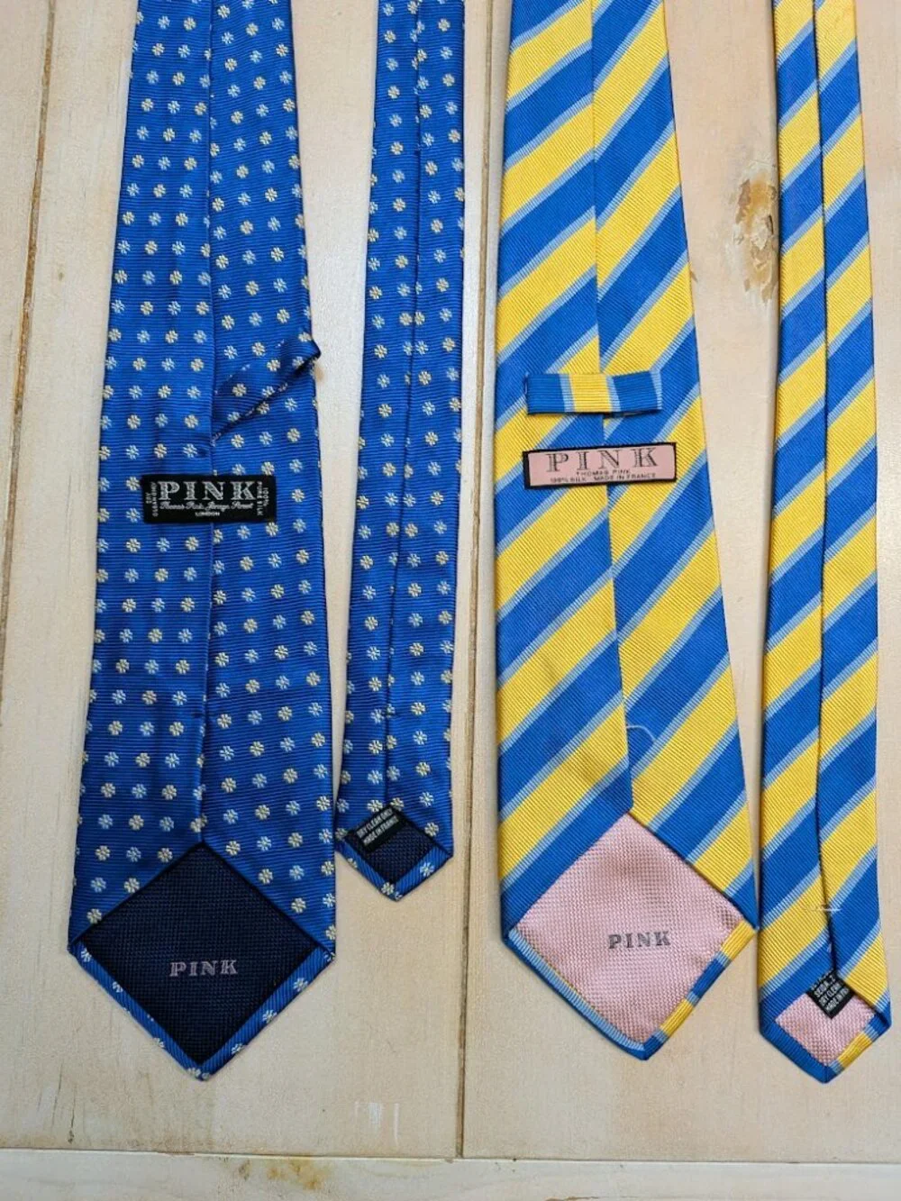 Lot of 2 Thomas Pink Silk Neckties Blue Yellow Stripe Floral Made in Paris